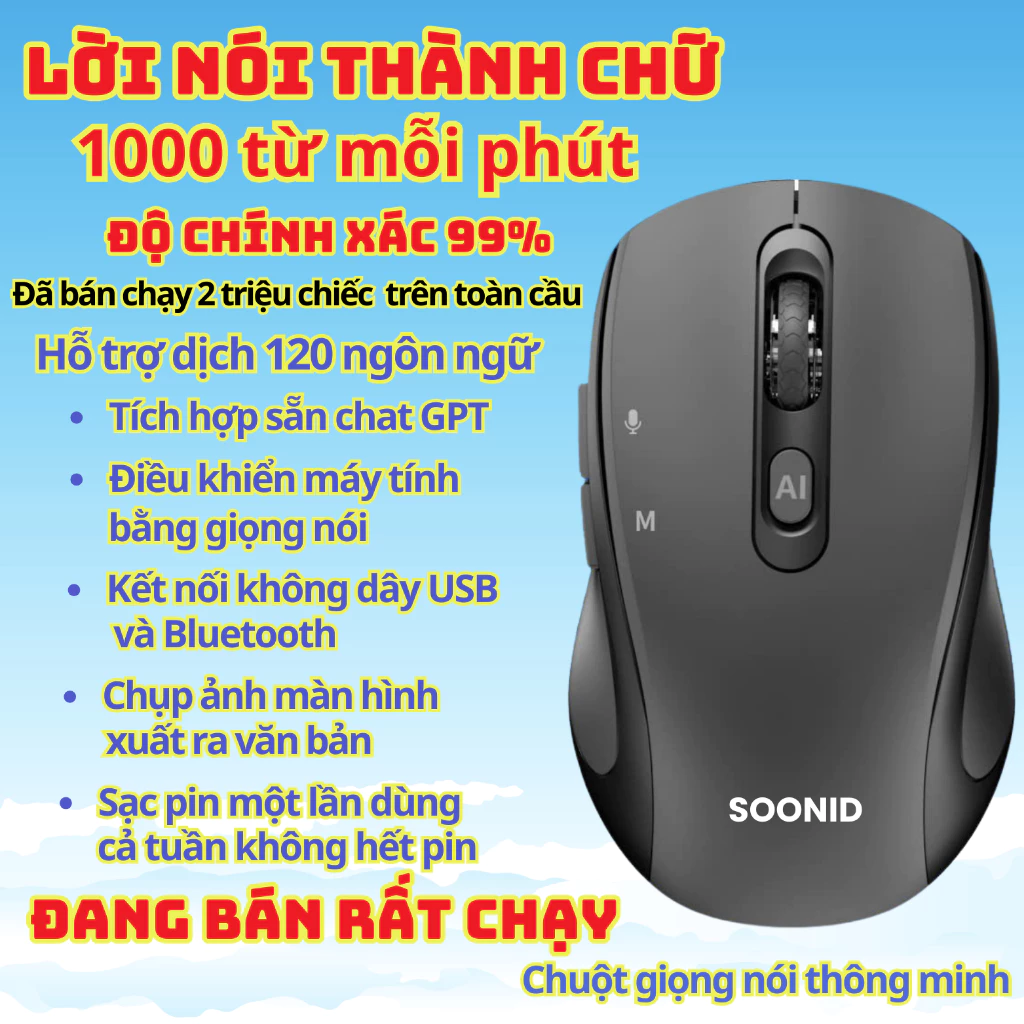 Chuột AI Plus: lời nói thành chữ 1000 từ/phút, độ chính xác 99%, dịch 120 ngôn ngữ, tích hợp ChatGPT, kết nối USB và Bluetooth