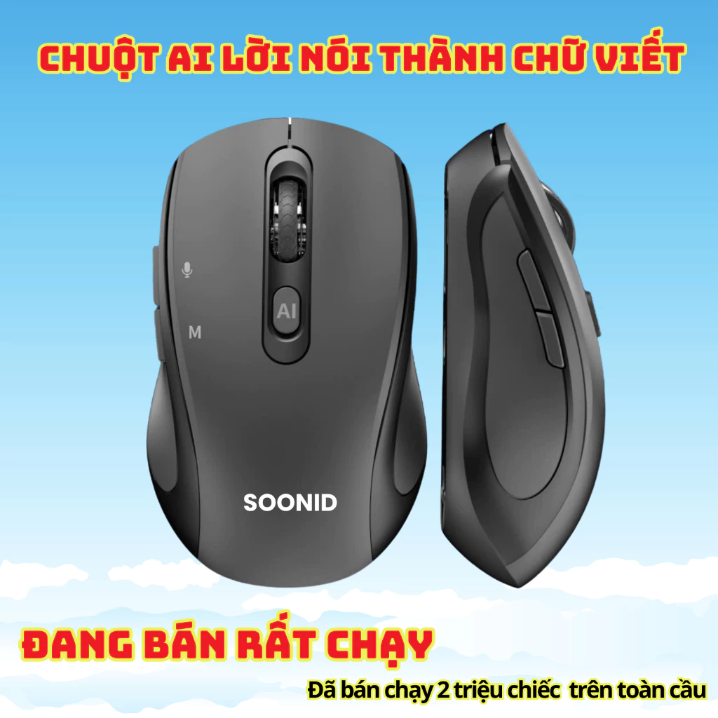 Chuột AI Plus SOONID — lời nói thành chữ viết, nút micro và nút AI, xem từ trên và ngang