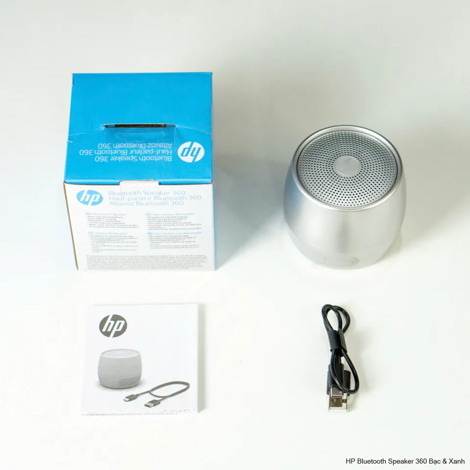 Loa HP 360 cùng hộp, sách hướng dẫn và dây sạc