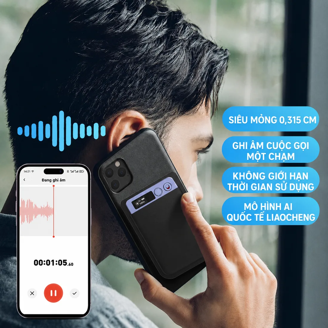 Ghi âm cuộc gọi một chạm, máy dán sau lưng điện thoại