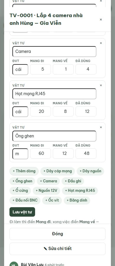 Bảng vật tư trên điện thoại của thợ